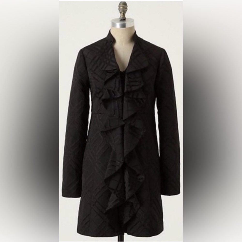Anthropologie Tabitha Black Plaid Ruffle Dress Coat Size 4